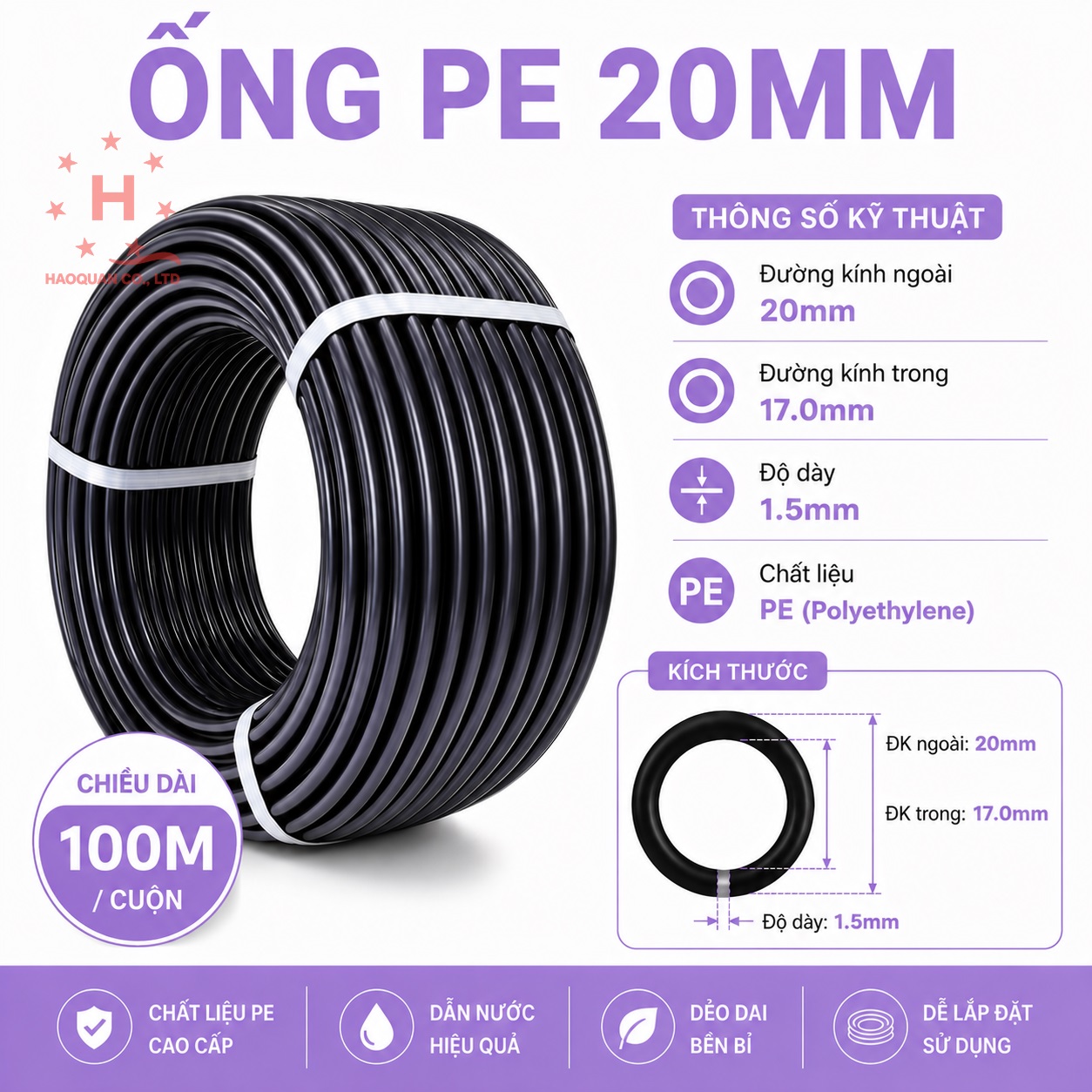 Ống 20mm, dày 1.5mm, 100m/cuộn