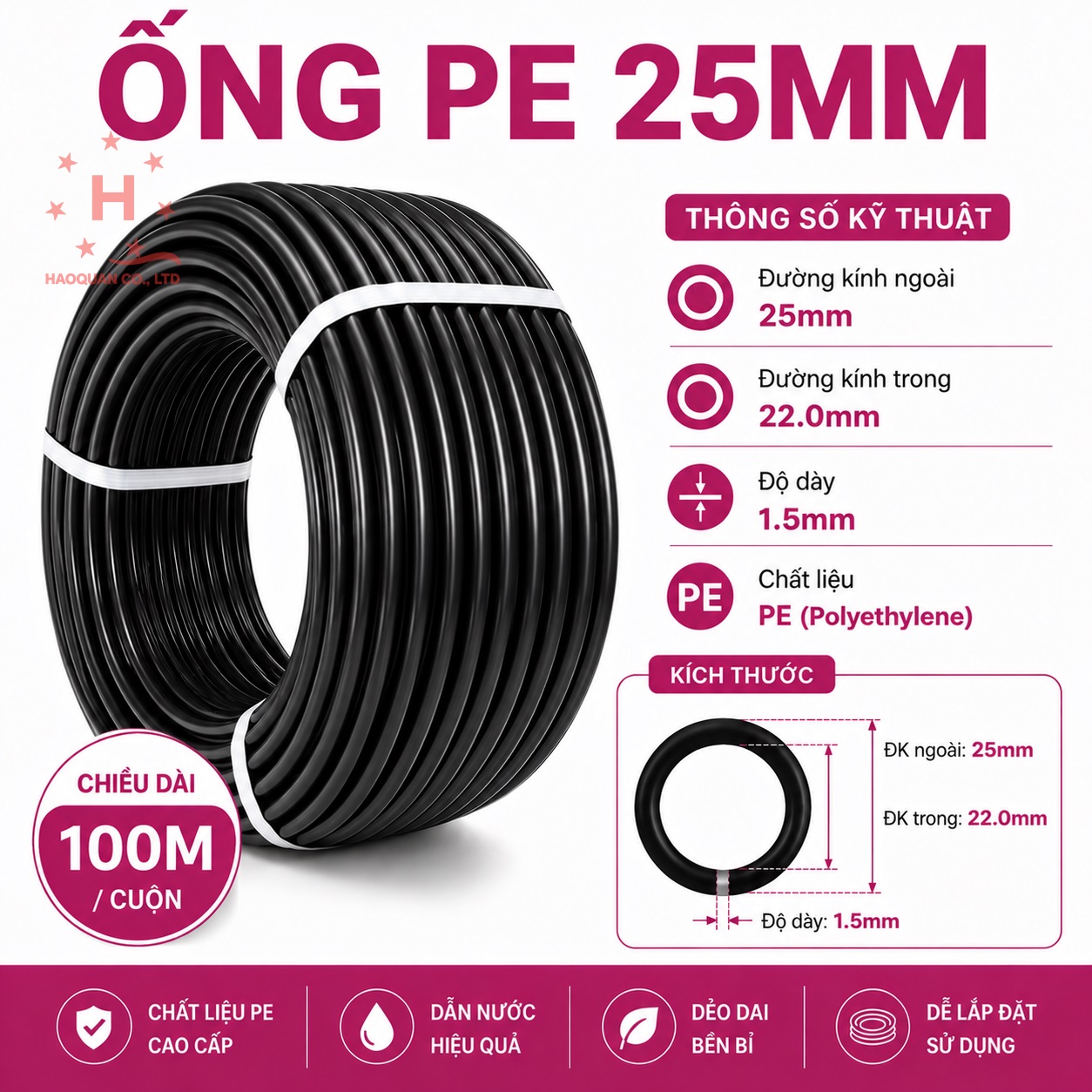 Ống PE 25mm, dày 1.5mm, 100m/cuộn