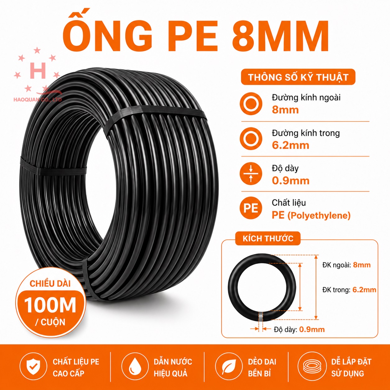 Ống PE 8mm, 100m/cuộn